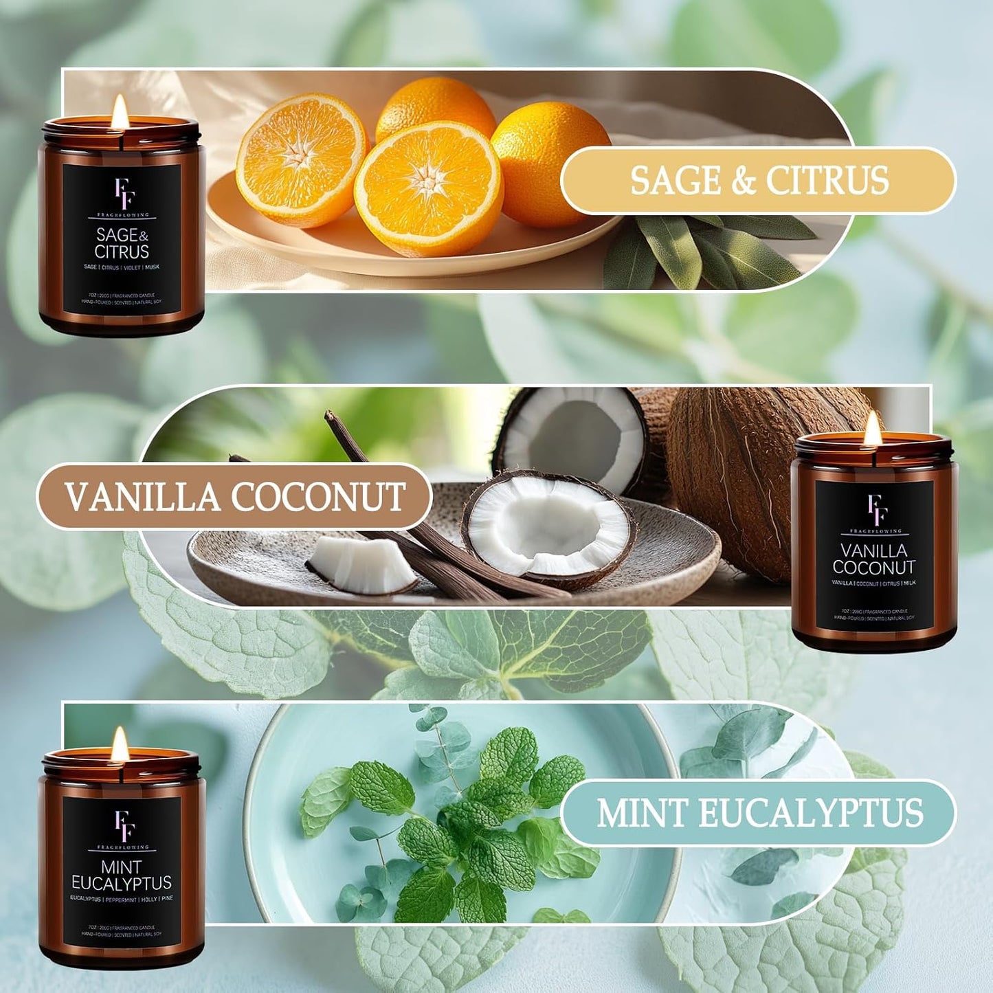 Scented Candles Set, Soy Wax Candles 6 Pack 42 Oz Aromatherapy Candles Gift Set for Women Men (Sage/Vanilla/Lemon/Sandalwood/Mint/Rose