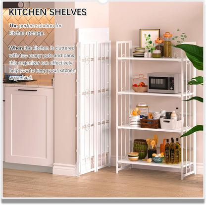 4NM No Assembly 4 Tiers Folding Bookshelf, 47.2" H Foldable Storage Shelves Vintage Bookcase Standing Racks Study Organizer Home Office - All White