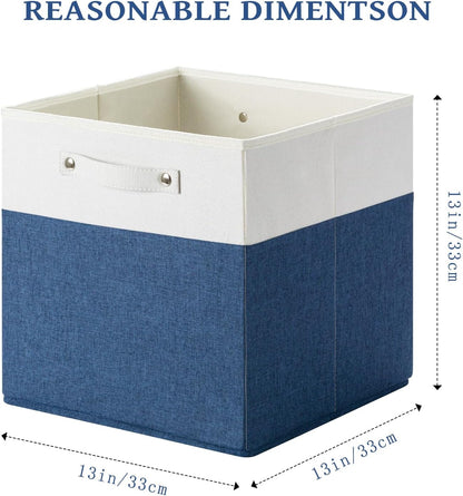 13 x 13 Inch Fine Linen Storage Bins with Handles，Fabric Cube Boxs，Collapsible Basket Organizers for Shelves for Home, Closet Drawers (White/Blue-6 Pack)