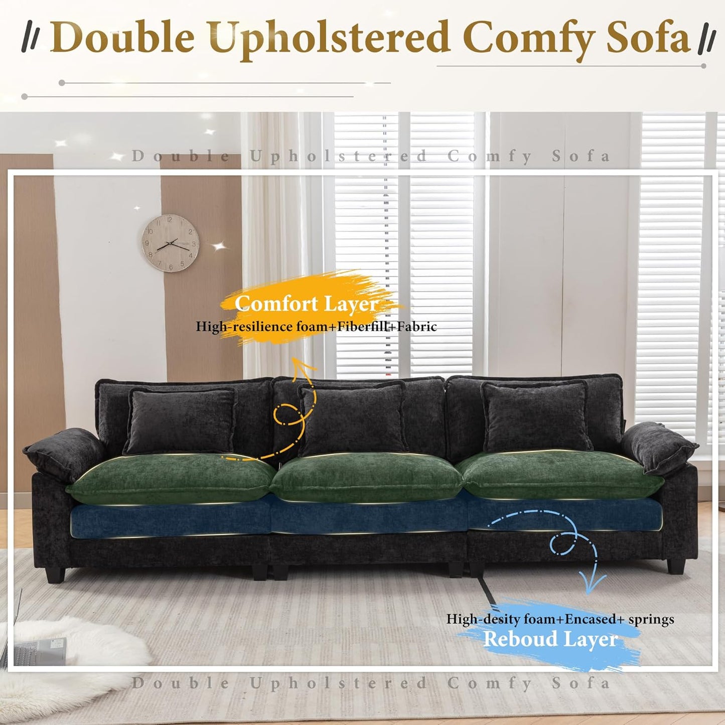 URRED Modular Sectional Sofa Comfy Cloud Couch, Modern Chenille Sofa Sleeper Deep Seat Couches with Ottoman/Pillows for Living Room (Black, 117'')
