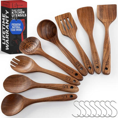 PriorityChef Premium Wooden Spoons for Cooking - 8pc Smooth Finish Teak Utensil Set with Hanging Hooks, Heat-Resistant & Nonstick Safe, Ideal for Gifting