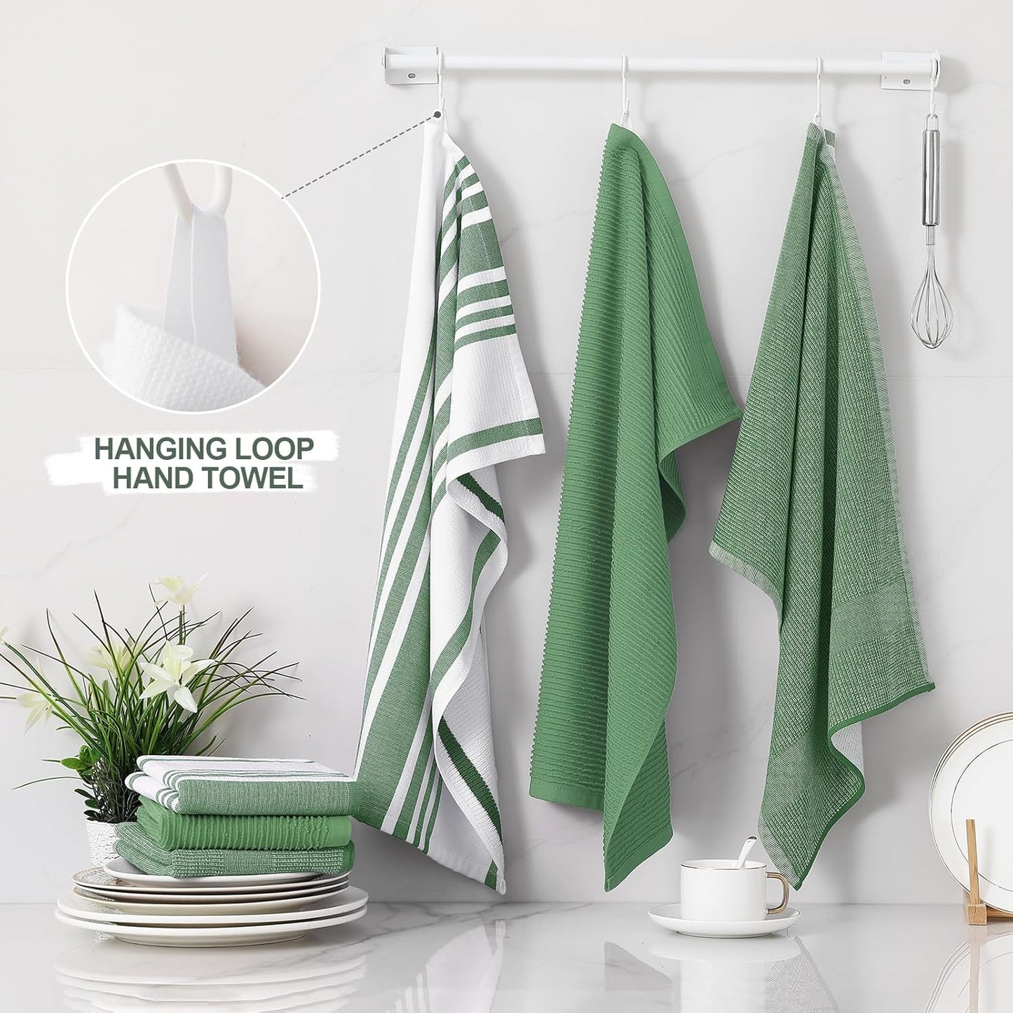 Homaxy Premium Kitchen Towels(18”x 28”, 12 Pack), Large Cotton 380 GSM Kitchen Hand Towels, Soft and Absorbent Terry Dish Towels, Multipurpose Tea Towel Set with Hanging Loop, Grass Green