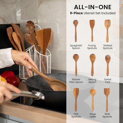 360° Rotating Kitchen Utensil Holder- 3 Compartment Organizer with Cork Bottom | Includes Premium 9-Piece Acacia Wood Utensil Set | Professional Luxury Design | Metal Utensil Crock (Matte white)
