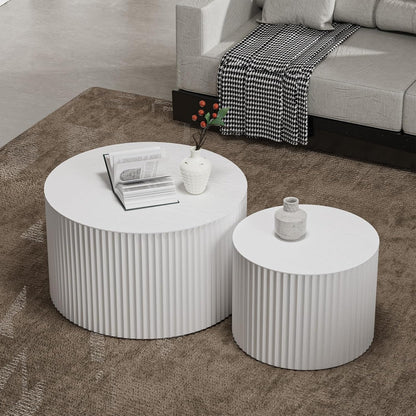 Round Coffee Table Set of 2, Nesting Coffee Table and End Table Set Small Circle Drum Side Table for Living Room Office, No Assembly (B White Large)