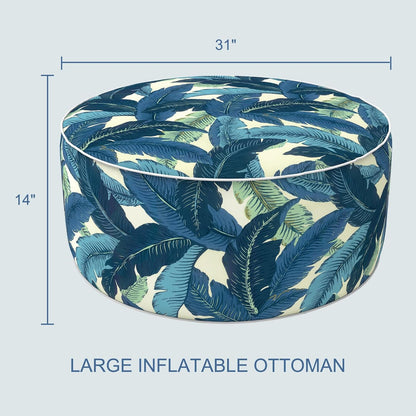 LVTXIII Indoor/Outdoor Inflatable Ottoman, D31 x H14 Inch Large Round Ottoman, All Weather Foot Rest Stool, Portable Footrest for Patio, Garden, Camping and Home - Swaying Palms Blue