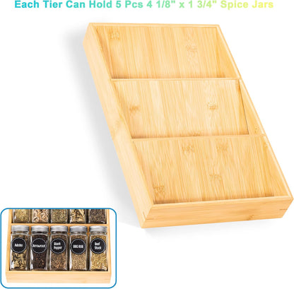 Bamboo Spice Rack Organizer for Drawer 3 Tier Bamboo Spice Tray Cabinet for Kitchen Storage and Organizer (Pre-Measure Your Drawer)(1 Pack, Drawer)