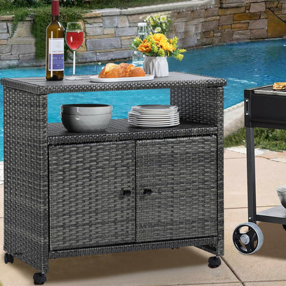 Outdoor Wicker Storage Cabinet,Patio Bar Table with Wheel, Outdoor Buffet Cabinet Movable, Garden Weather-Proof Bar Table/Cart for Indoor&Outdoor (Morden Gray)