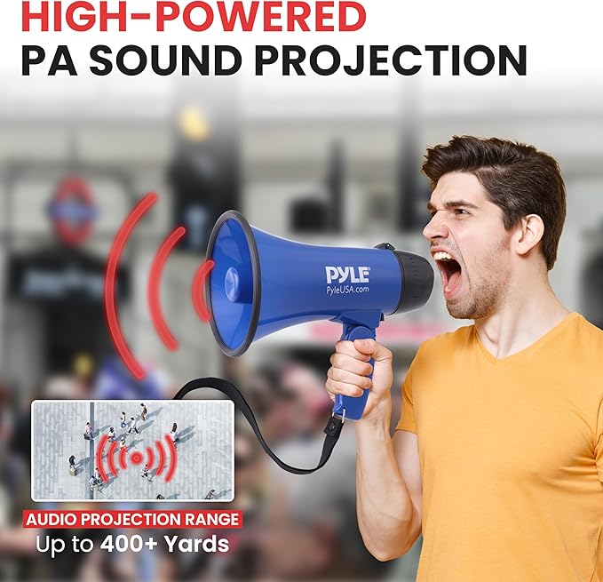 Pyle PMP21BL Portable Megaphone Speaker Siren Bullhorn - Compact and Battery Operated with 20 Watt Power, Microphone, 2 Modes, PA Sound and Foldable Handle for Cheerleading and Police Use, Blue
