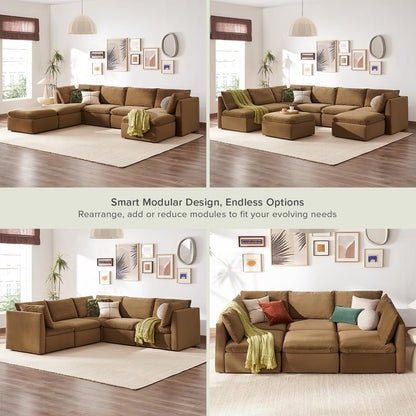 mopio Oversized Modular Sectional Sofa with Fully Removable Covers and Storage, Convertible U & L Shaped Sectionals, Modern Cloud Couch with Ottoman Chaise (Hazelnut Velvet, 7 Seats, U)