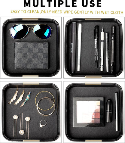 SANZIE Luxury Leather Desktop Storage Small Catchall Organizer Decorative Tray for Entryway Table to Hold Jewelry Watch Cosmetics Keys Phone Wallet, Home & Office Accessories (Metal Glided, Black)