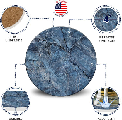 Emerson Coasters for Drinks Absorbent – Natural Stone Drink Coasters Set with Holder, Coasters for Coffee Table, Wooden Tabletop Protection Marble Style – 100% Heavy Duty Set of 6 (Mystic)