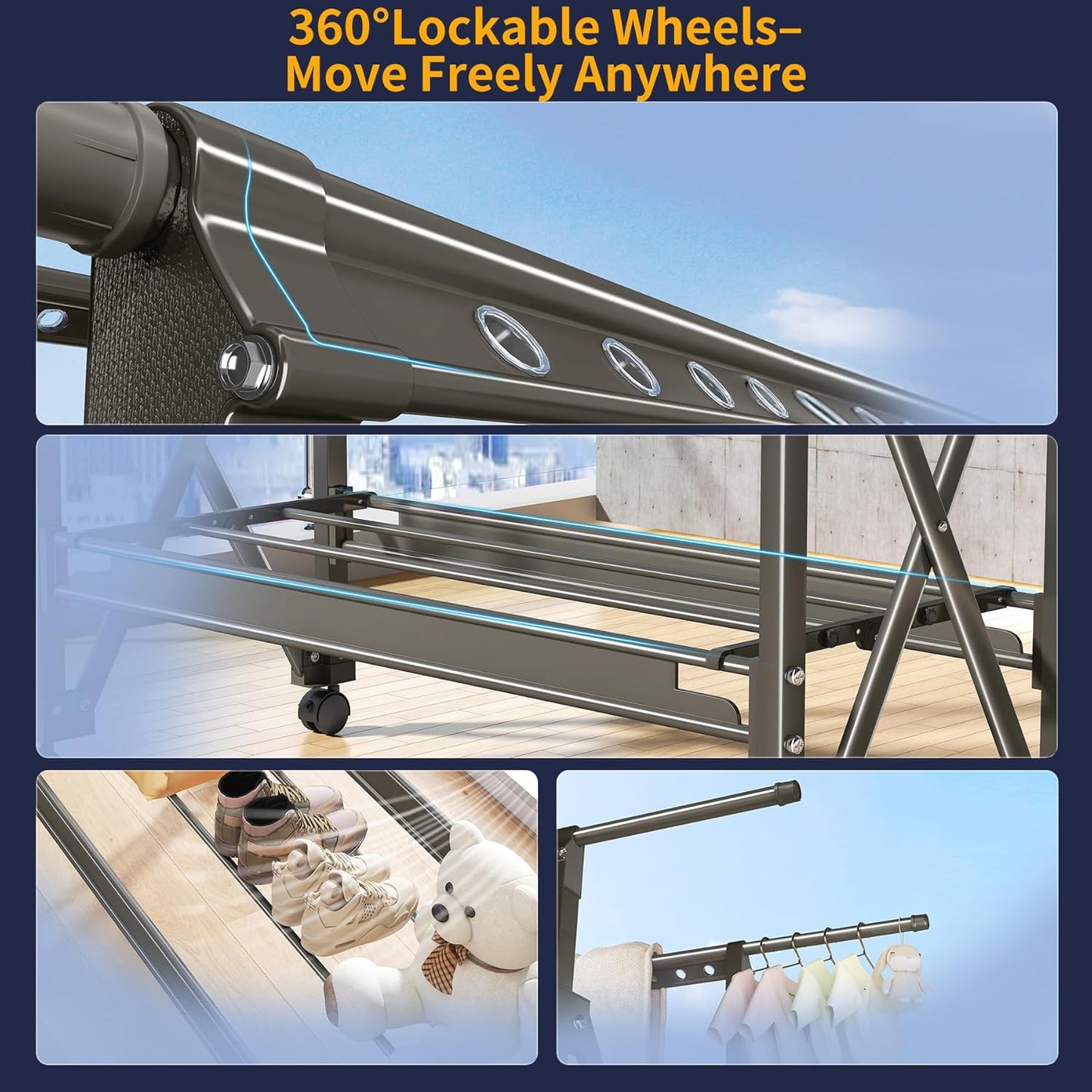 Heavy Duty Rolling Clothing Rack with Wheels, Portable Double Rod Metal Garment Rack, Clothes Drying Hanging Organizer for Laundry, Storage, Freestanding Adjustable Coat Hanger (Extendable, Grey)