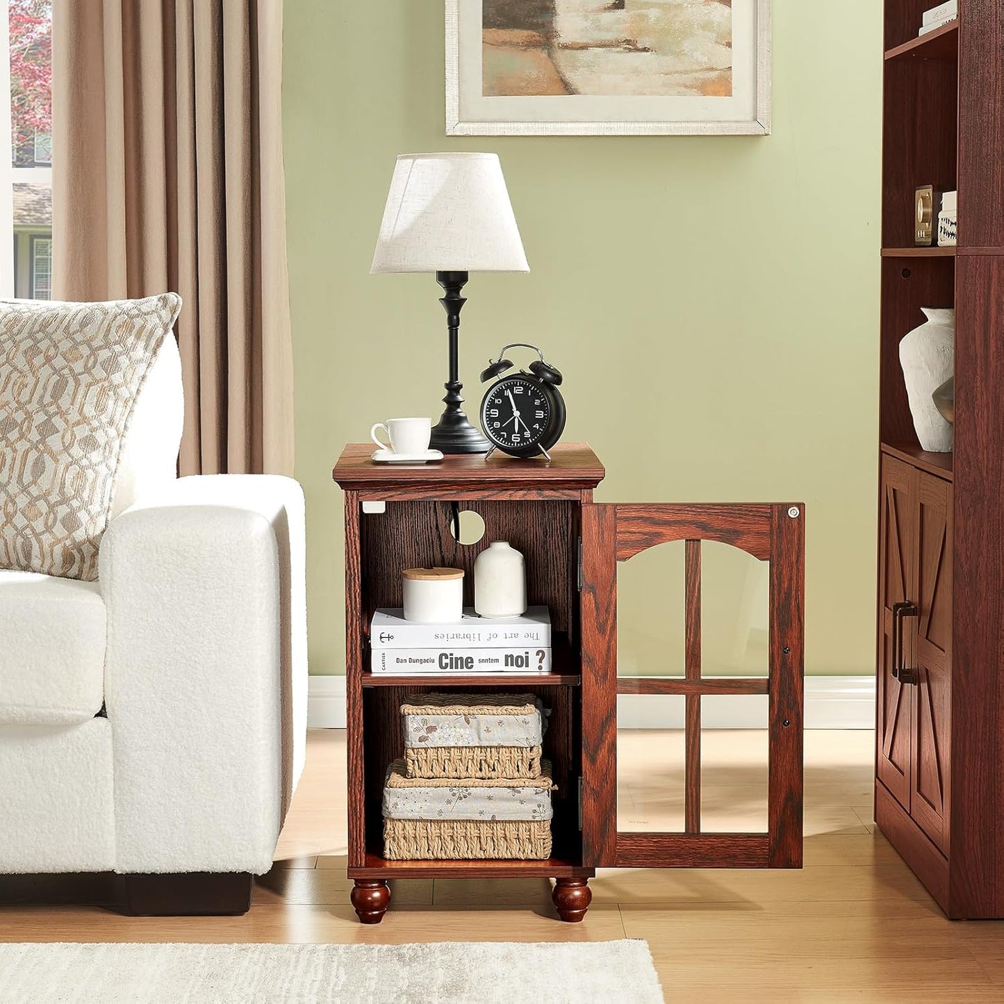 Narrow Side Table Set of 2,Farmhouse Nightstand with Charging Station,End Table with Glass Barn Door Storage, Cabinet Organizer with Adjustable Shelf, Night Stand for Small Spaces Living Room Bedroom