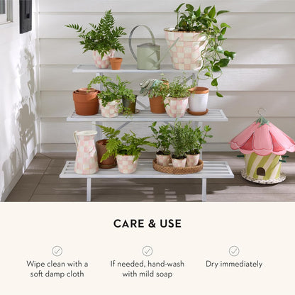 MACKENZIE-CHILDS Enamel Herb Pots, Small Plant Pots for Herbs or Flowers, Set of 3, Pink-and-White Rosy Check