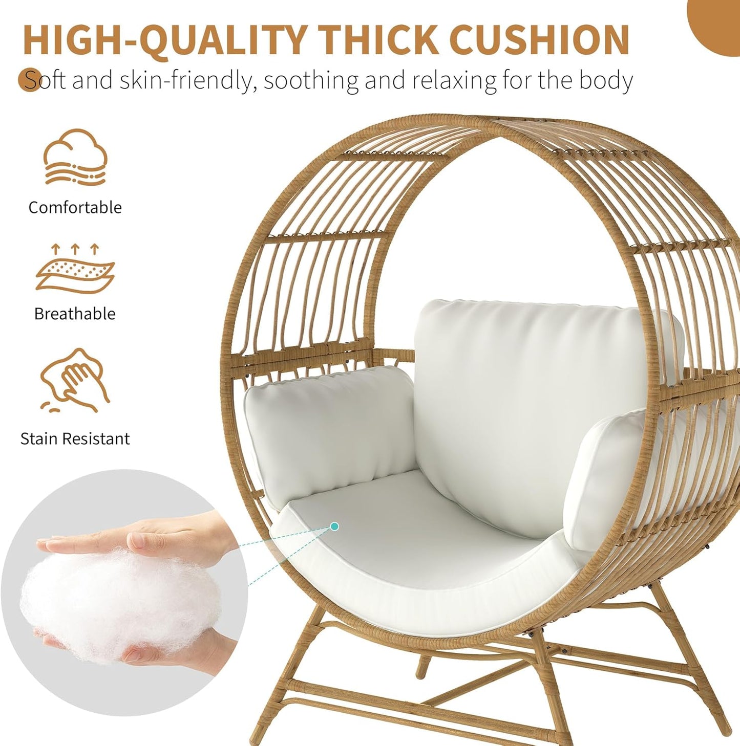 Egg Chair Outdoor Indoor, Oversized Rattan Chair with Thicken Cushion, 350LBS Capacity Wicker Patio Lounge Chair, Basket Chair for Living Room Balcony Porch Backyard, Beige