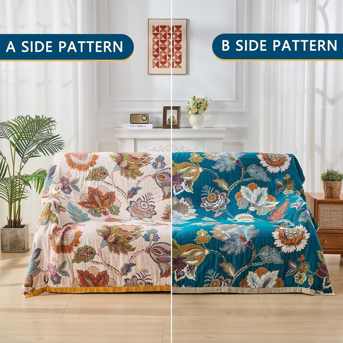 Boho Throw Blanket Reversible Muslin Bohemian Tapestry, Flower Decorated Bohemian Sofa Blanket, Lightweight Breathable 100% Cotton Throw Blanket, Chair Blanket, 50"x60"