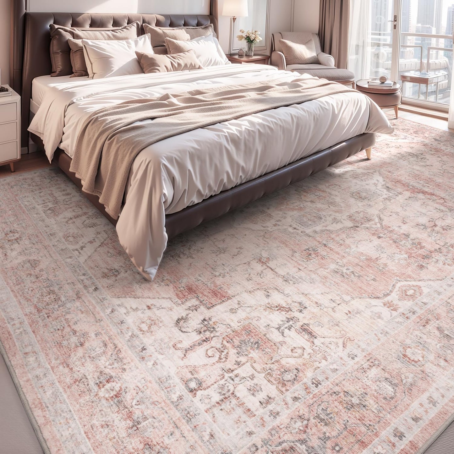 AMOAMI-Area Rug 8X10 Rugs for Living Room-Vintage Soft Pink Rugs for Bedroom-Non Slip Carpet-Washable Rug for Dining Room Living Room Bedroom Office Under Table