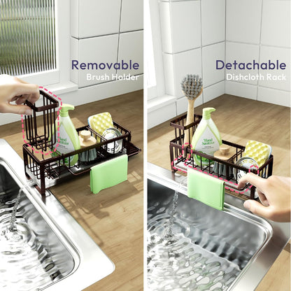 SWTYMIKI Sponge Holder for Kitchen Sink - Sink Caddy with Brush Holder Self-draining Sponge Caddy Organizer with Divider Stainless Steel Kitchen Accessories Storage for Countertop, Bronze