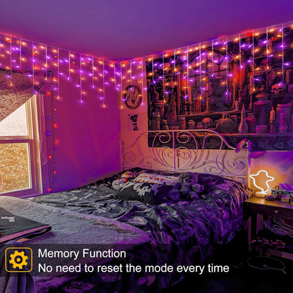 66ft Halloween Lights Outdoor, 640 LED Icicle Lights for Outside, Orange and Purple Twinkle Lights with Connectable Clear Wire 8 Modes Timer Waterproof for House Party Tree Holiday Yard Decorations