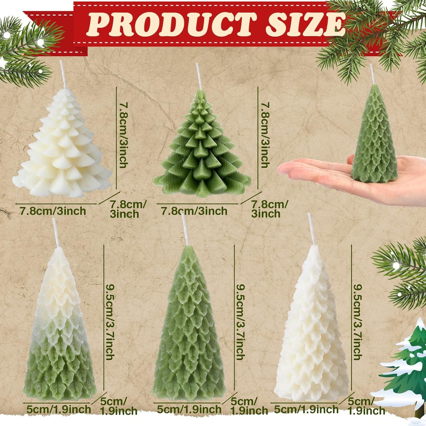 6 Pcs Christmas Tree Shaped Candles Xmas Wax Scented Candles White Green Decorative Christmas Tree Gifts for Xmas Eve Winter Holiday Party New Year Bedroom Room Table Decor, 3 Assorted Styles