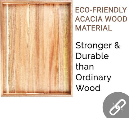 Acacia Wood Serving Tray with Handles Set of 2 – Decorative Serving Trays Platter for Breakfast in Bed, Lunch, Dinner, Patio, Ottoman, Coffee Table, BBQ, Party –Great for Lap &Couch