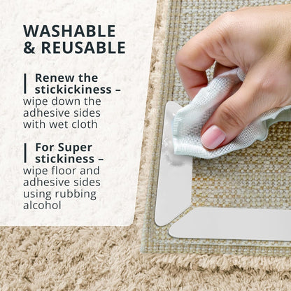 X-Protector Rug Tape - 8 Pcs Set - White Anti-Slip & Anti-Curling Carpet Tape for Hard Floors - Premium Rug Pad Gripper - Ideal Carpet Corner Grippers to Keep Your Carpet in Place & Make Corners Flat