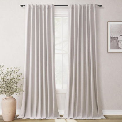 BOODII 108 Inch Black Out Curtains 2 Panels Set Back Tab Thermal Insulated Natural Linen Textured Blackout Curtains Noise Reducing Champagne Neutral Living Room Darkening Window Drapes Pleated 52x108