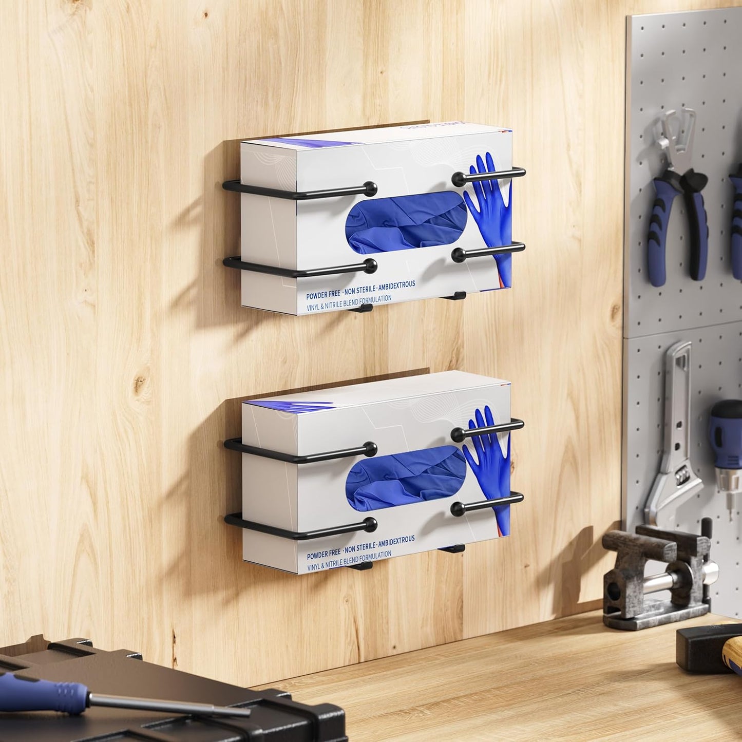 Glove Box Dispenser Wall Mount: Black Holder Organizer for Disposable Glove & Tissue Box - Organizer on Wall in Lab, Kitchen, Bathroom, Garage