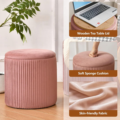 Ottoman with Storage Set of 2, Velvet Storage Ottoman, Upholstered Sponge Vanity Stool Support 300lbs, Multifunctional Coffee Table Foot Rest Ottomans for Living Room Bedroom, Pink
