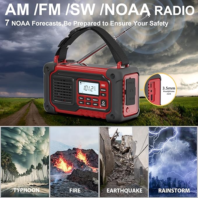 Emergency Weather Radio, AM/FM/SW/NOAA Hand Crank Radio with 10000mAH/37000mWh Portable Large Capacity, USB/Solar/Hand Crank Charging, AAA Battery Operated, SOS Alarm & Flashlight