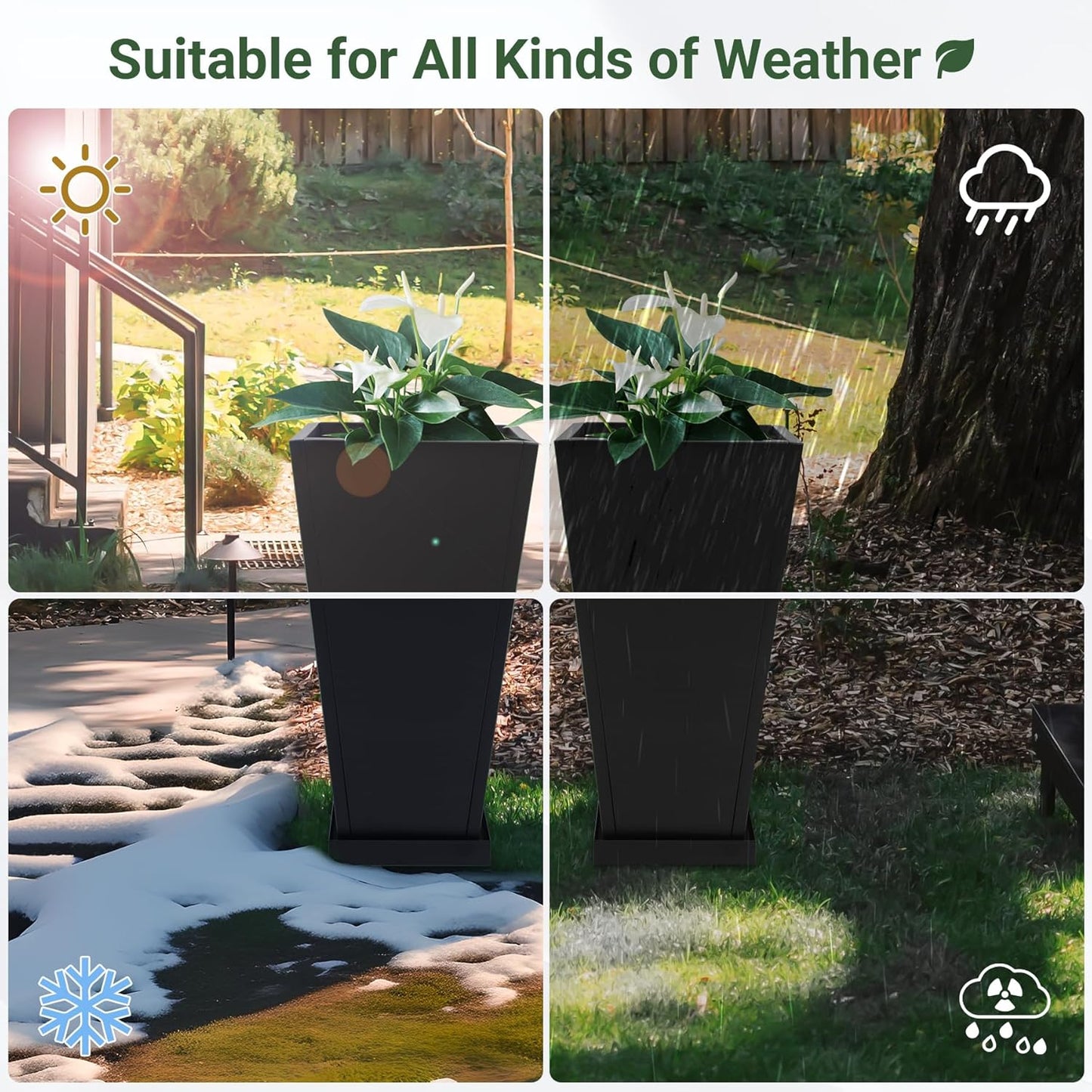 Metal Planter 30" H - 2 Pack, Tall Planters with Removable Insert Shelve & Saucer Trays, Metal Outdoor Planters for Porch, Garden, Patio, Yard (Black)