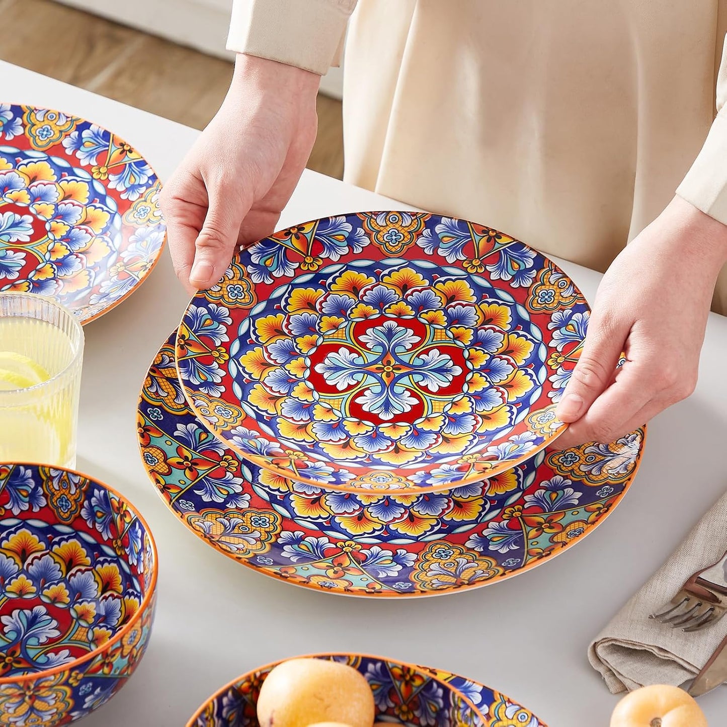 vancasso 12 Pieces Dinnerware Sets, Orange Plates and Bowls Set, Porcelain Dishes Set for 4, Microwave and Dishwasher Safe, Scratch Resistant, Bohemian Style Dining Ware Service for 4, Series SIMI