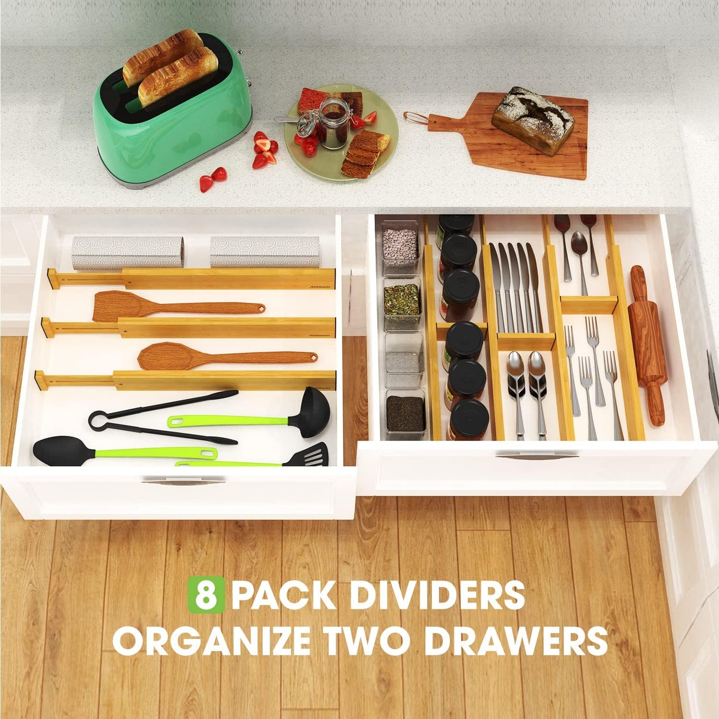 ANTOWIN Bamboo Drawer Dividers Organizers 16pcs, Expandable Drawer Separators Splitter, 17-22 inches Long Adjustable Spring-loaded Organizer for Large Utensil, Clothes, Tools Drawers (8+8)