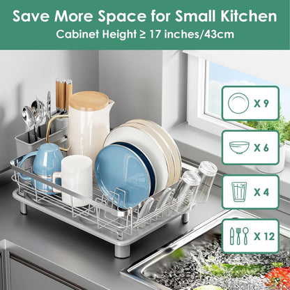 MOUKABAL Dish Drying Rack - Stainless Steel Dish Rack, Dish Racks for Kitchen Counter, Drying Rack Kitchen with Removable Utensil Holder, Drainboard and Glass Organizer (Grey)