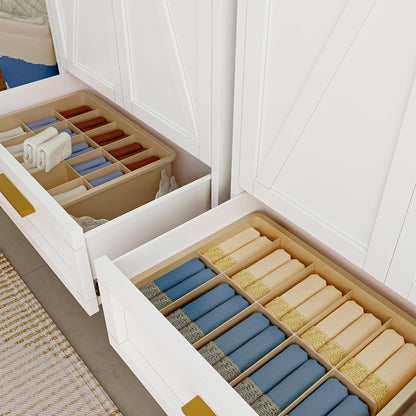 71'' Farmhouse Metal Wardrobe Cabinet with Hanging Rod, 2 Barn Door Wardrobe Closet with Adjustable Shelves,Drawer,for Dining Room,Bedroom,Living Room, Cloak Room,Office (White)