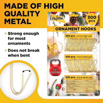 Leafeon Pack Christmas Ornament Hooks - Ornament Hanger for Christmas - Essential Hooks for Ornament Hangers (300 pcs Gold)