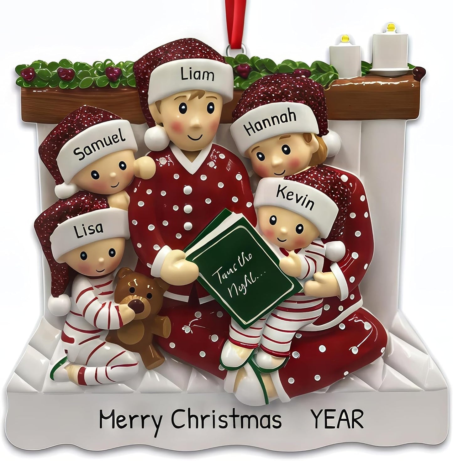 Bedtime Storytelling Family of 5 Christmas Ornament 2025 Personalized Family Christmas Ornaments 2025 | Holiday Reading Personalized Tree Ornaments Customizable Gifts Night and Book of Five Ornament