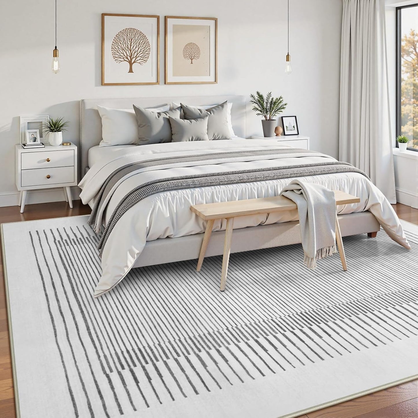 Wonnitar 5x7 Washable Striped Living Room Area Rug, Non-Slip Grey Boho Rugs for Bedroom, Low Pile Soft Minimalist Floor Carpets for Dining Room Home Office (Grey,5' x 7')