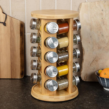 Orii 20 Jar Bamboo Spice Rack with Spices Included - Rotating Tower Organizer for Kitchen Spices and Seasonings, (Bamboo Wood)