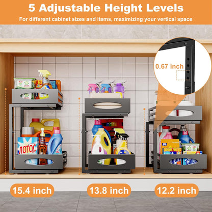 Under Sink Organizer, 2 Tier Under Sink Organizers and Storage, Adjustable Height, Slide Out Metal Cabinet Organizers, Pull Out Cabinet Storage Drawer Shelf for Kitchen Bathroom Black, 2 Pack