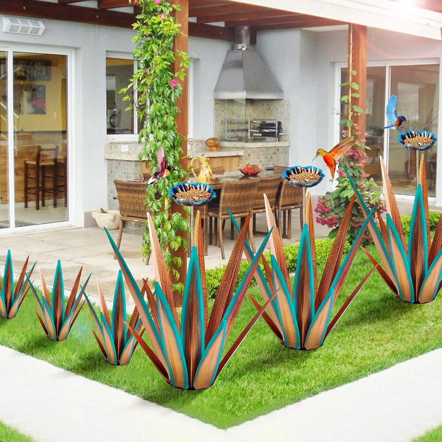 Large Tequila Rustic Sculpture, Rustic Metal Agave Plants for Outdoor, Home Decor Garden Yard Statue (Blue - L (W/Bird Feeder))