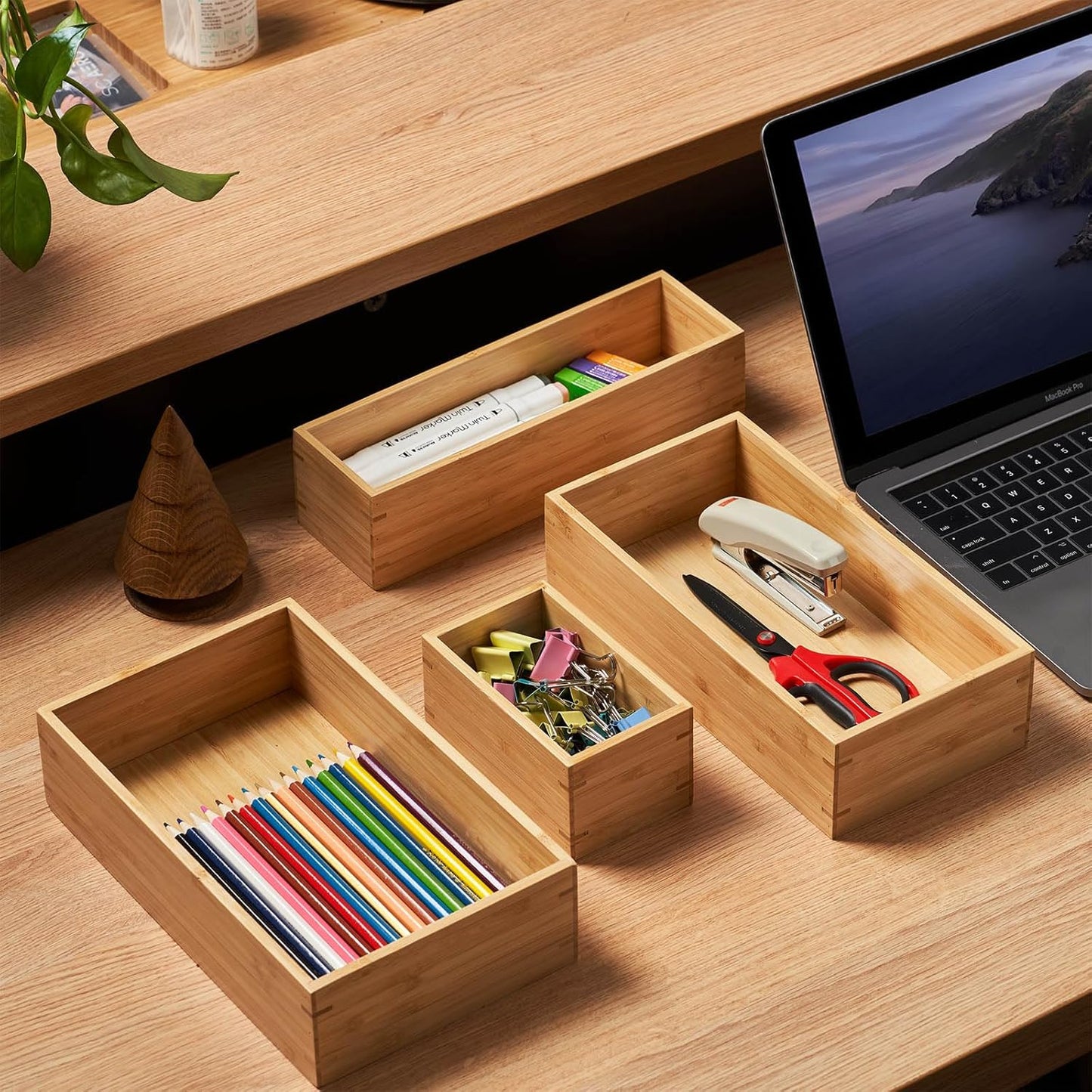 Umilife Bamboo Kitchen Drawer Organizer, Extra High Silverware Tray, Flatware Cutlery Storage Box, Multi-Use Holder in Office, Bathroom, Pantry - 9"x6"x2.5" (Set of 2)