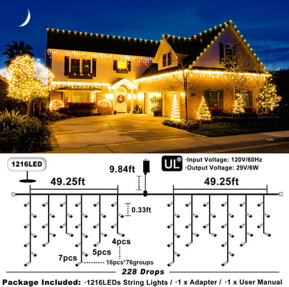 Warm White Christmas Lights Outdoor - 99ft 1216 LED 8 Modes Hanging Dripping Icicle String Lights with 228 Drops, Plug in Waterproof Timer Memory for House Home Holiday Yard Wedding Party Indoor