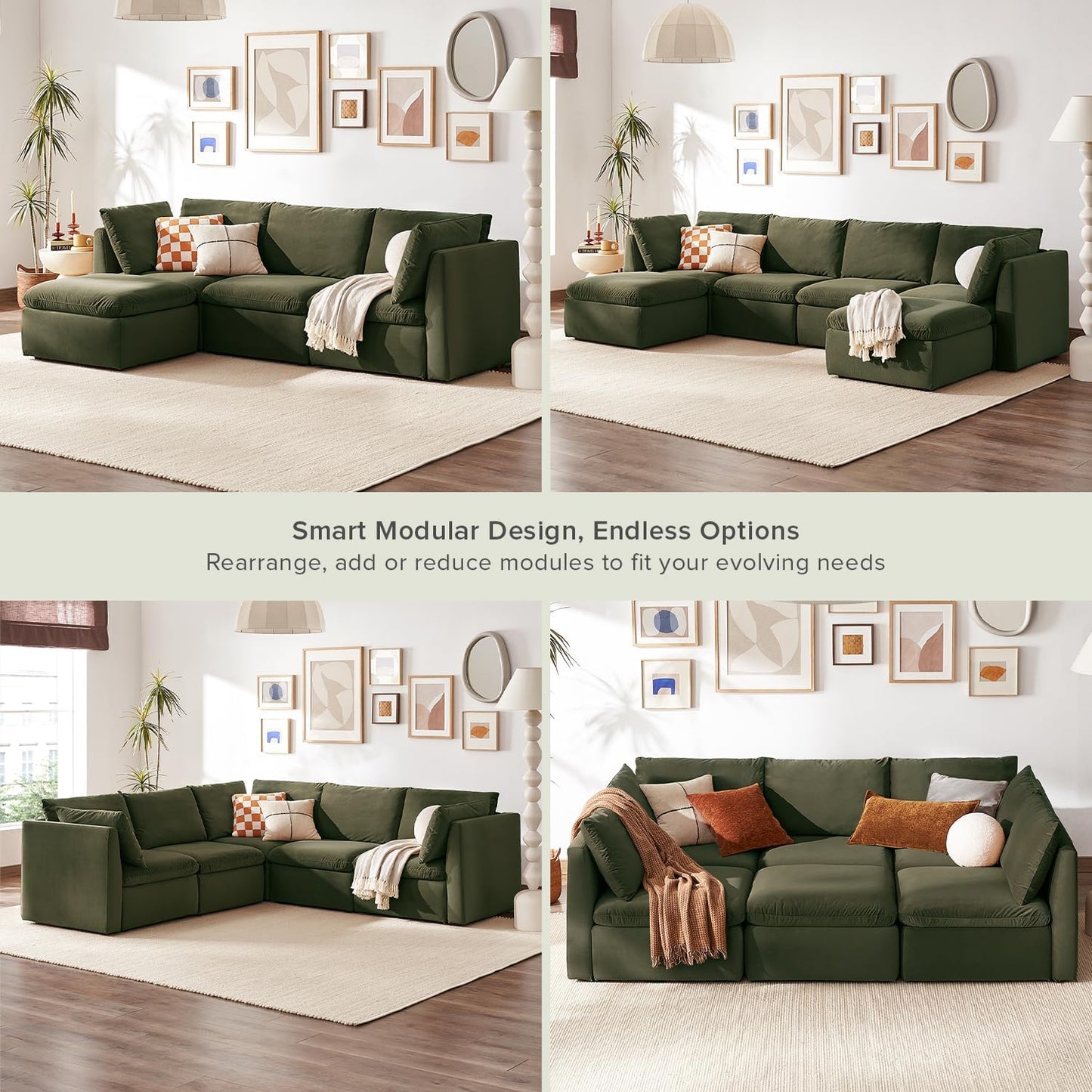 mopio Oversized Modular Sectional Sofa with Fully Removable Covers and Storage, Convertible U, L-Shaped and Sleeper Sectional, Modern Couches with Ottoman Chaise (Olive Green Velvet, 4 Seats, L)