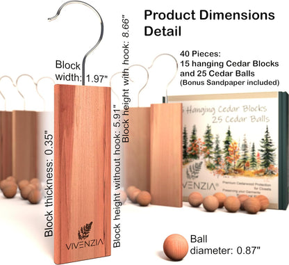 Cedar Blocks for Clothes Storage -40 pcs (15 Hang-ups & 25 Balls)- Cedar Balls for Clothes Storage, Natural Closet Smell Eliminator, Natural Closet Deodorizer, Drawer Fresheners for Dresser.