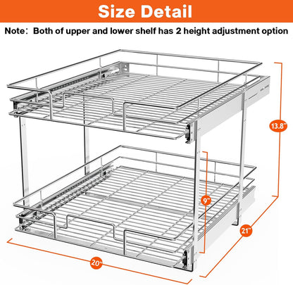 ROOMTEC Individual Pull Out Cabinet Organizer (20" W x 21" D), 2 Tier Spice Rack Organizer for Cabinet, Slide Out Drawer Pantry Shelf Organization and Storage for Kitchen Bathroom
