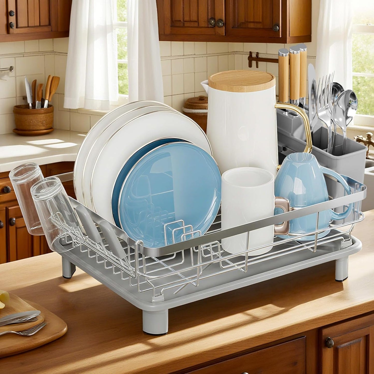 MOUKABAL Dish Drying Rack - Stainless Steel Dish Rack, Dish Racks for Kitchen Counter, Drying Rack Kitchen with Removable Utensil Holder, Drainboard and Glass Organizer (Grey)