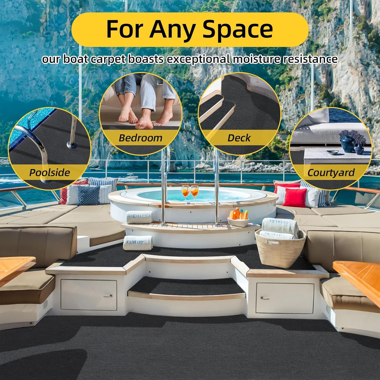 Marine Carpet, 5 FT x 20 FT Black Indoor/Outdoor Carpet, 0.2" Thick, Non-Slip, Waterproof, Machine Made, High Pile, Rectangular Area Rug