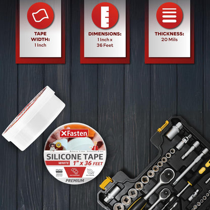 XFasten Self Fusing Silicone Tape Waterproof White– 1" x 36 Feet, Self Amalgamating Tape, Silicone Rubber for Plumbing, Sealing Pipes, Hose Repair, Outdoor Coax and Electrical Cables – Weatherproof