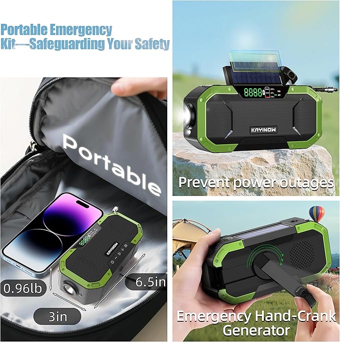Hand Crank Emergency Radio,Portable AM FM NOAA Weather Radio,Solar Power,Battery Operated,USB Charging Flashlight,Cell Phone Charger,Waterproof,SOS for Camping,Power Outage,Survival Storm